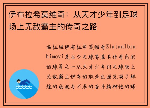 伊布拉希莫维奇:从天才少年到足球场上无敌霸主的传奇之路 伊布拉希莫维奇:从天才少年到足球场上无敌霸主的传奇之路