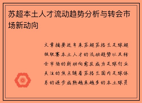 苏超本土人才流动趋势分析与转会市场新动向 苏超本土人才流动趋势分析与转会市场新动向